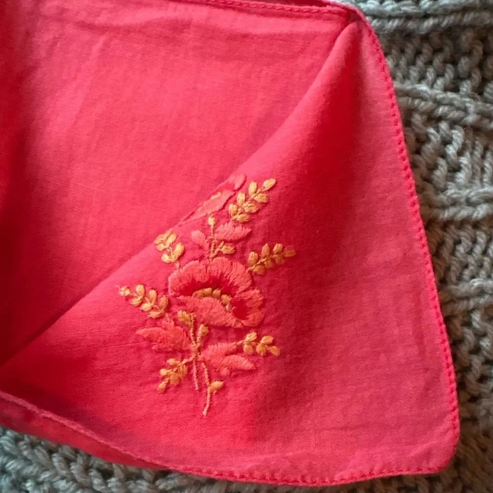 Vintage Red Embroidered Handkerchief Floral Cotton Cotton Hankie